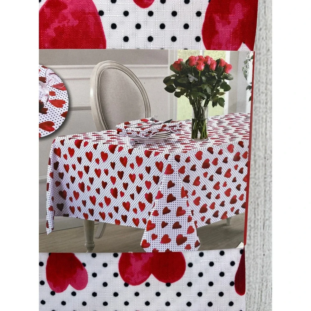 Colordrift Tablecloth 60x84 White Red Hearts Polka Dot Water Resistant Outdoor